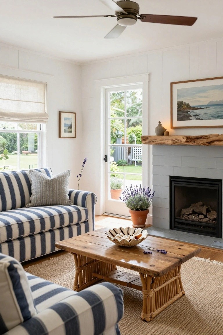 Living room interior with two blue-and-white striped sofas, rattan-edged wooden coffee table holding a shell bowl, gray subway tile fireplace with potted lavender and driftwood mantel shelf, white shiplap walls, and French doors opening to a garden.