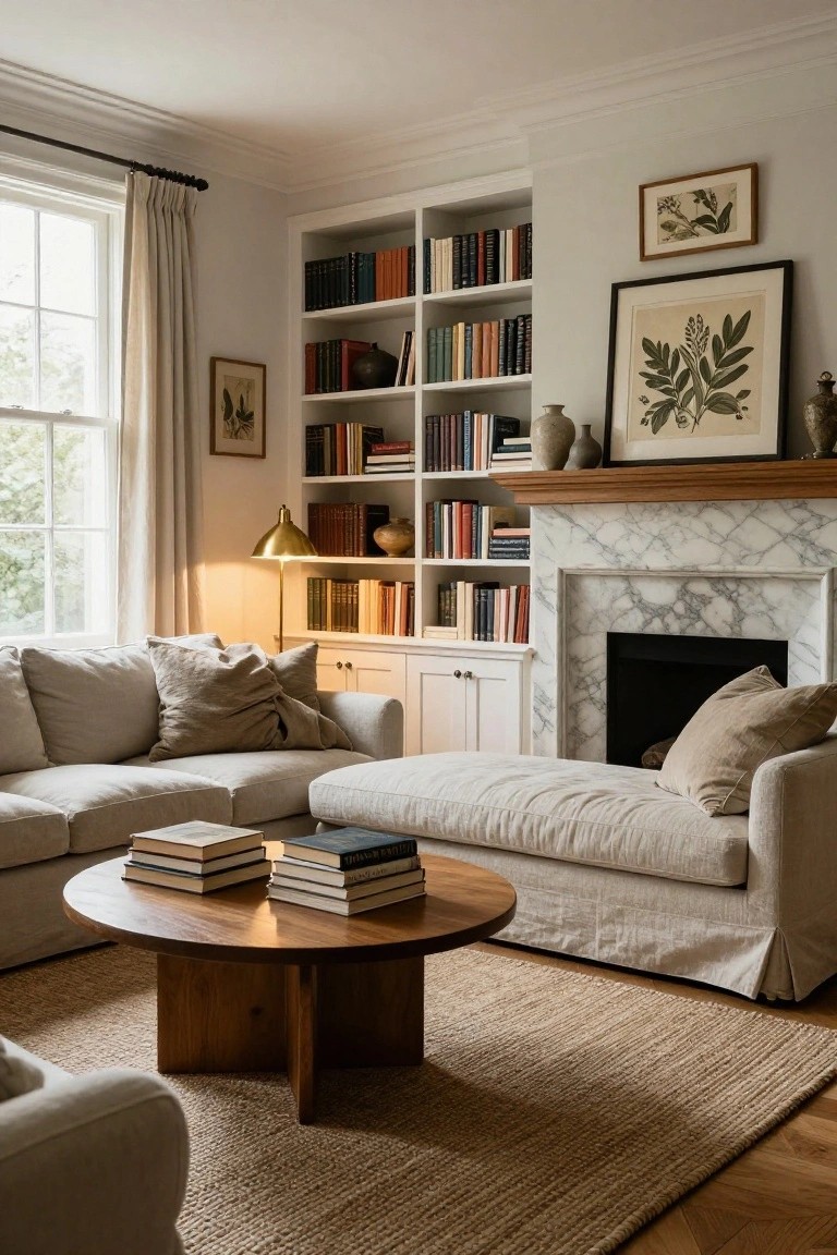 A living room with tall white built-in bookshelves flanking and topping a marble fireplace mantel, a beige linen sectional sofa with chaise, wooden coffee table holding stacked books, seagrass rug, and large window with cream drapes.