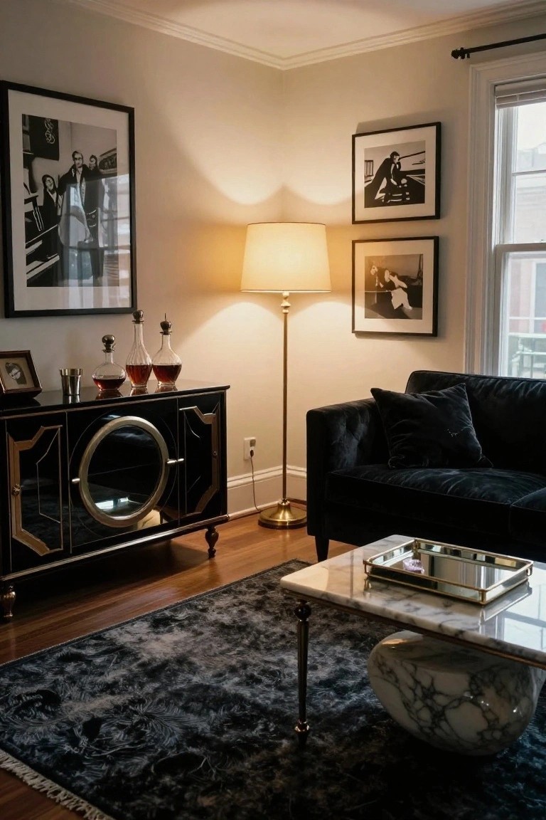 Corner of a living room with black Art Deco-style credenza holding decanters, flanked by black-and-white photos, a tall floor lamp, black velvet sofa, and marble coffee table on hardwood floor.