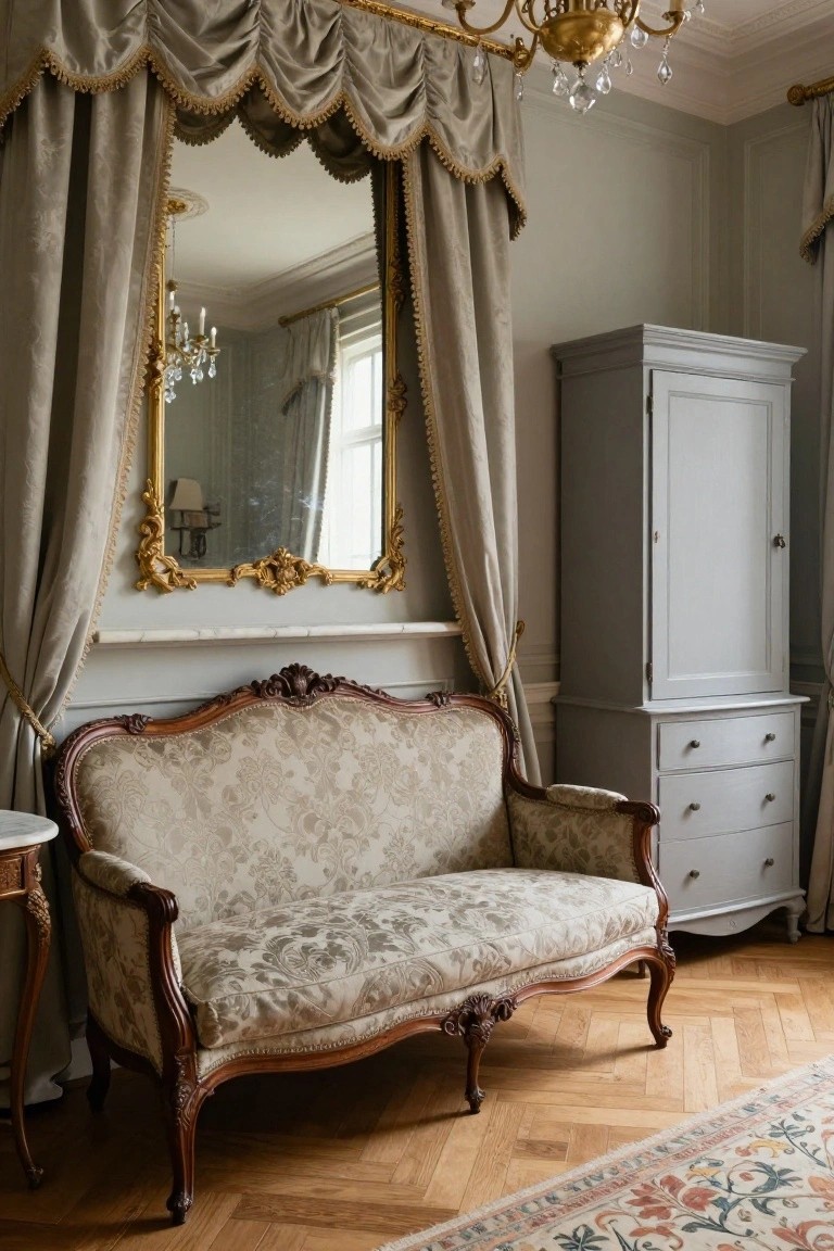A living room with pale gray walls featuring a carved wooden settee upholstered in cream fabric with subtle pattern, positioned before a large gold-framed mirror flanked by taupe drapes, beside a gray armoire and marble table on parquet flooring with a patterned rug.