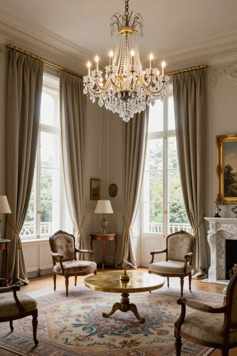 Formal living room with three tall beige-curtained windows, crystal chandelier overhead, four upholstered armchairs around round gilded table on patterned rug, table lamps, paintings, and marble fireplace.