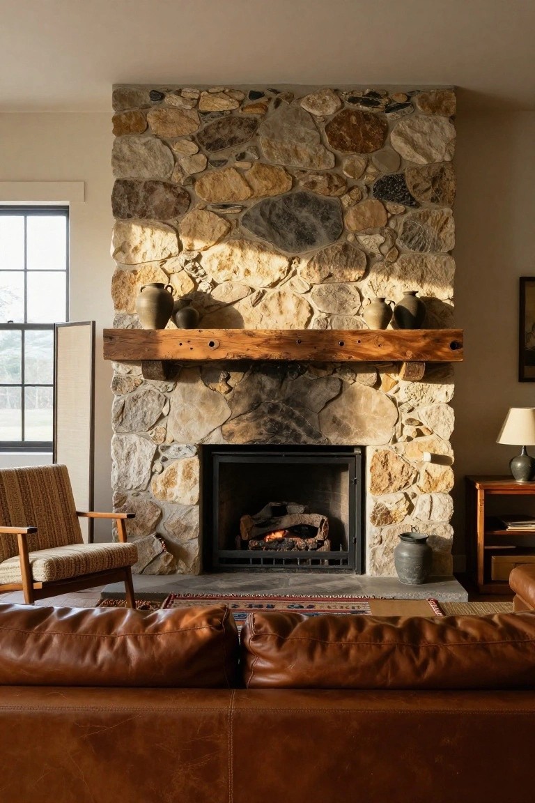 Living room with a tall fieldstone fireplace wall, thick wooden mantel holding three pottery jars, gas logs burning inside, brown leather L-shaped sofa in front, woven armchair to the side, large window and shoji screen visible.