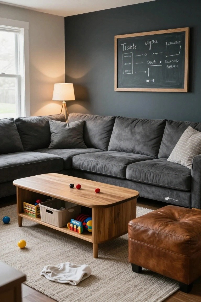Living room with L-shaped gray velvet sectional sofa, light wood coffee table with open shelves holding toys and books, brown leather ottoman, neutral rug with scattered balls and clothing, floor lamp, and dark wall with framed chalkboard.