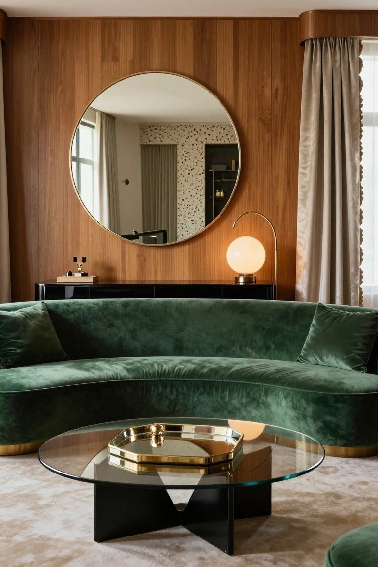 Living room interior with wood-paneled walls, large round mirror, curved emerald green velvet sofa, black credenza, arched lamp, and glass coffee table holding a brass tray.
