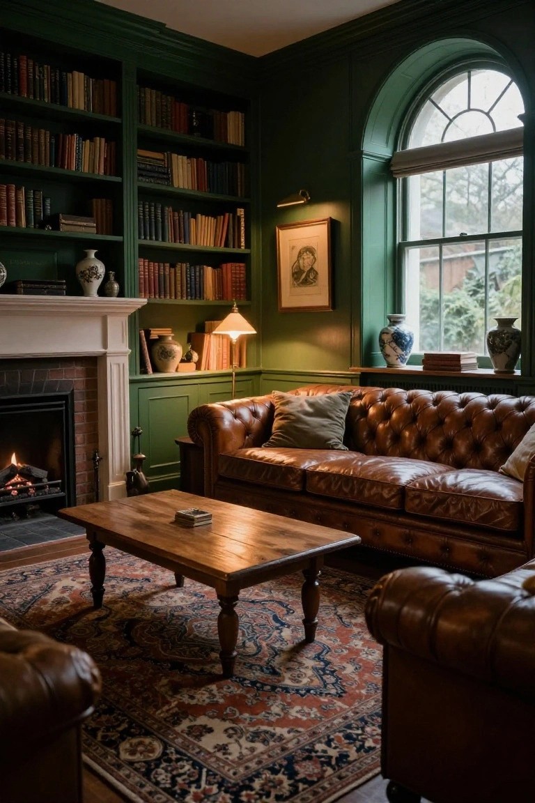 Emerald green paneled living room with floor-to-ceiling bookshelves, tufted brown leather sofas around a wooden coffee table, brick fireplace, arched window, and oriental rug.