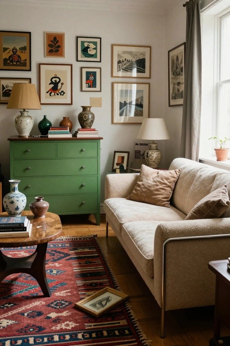 Living room corner featuring a green dresser with stacked books and ceramic vases, walls covered in eclectic framed artwork, beige sofa with cushions, wooden coffee table on red rug, and potted plant by window.