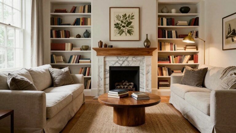 A living room with tall white built-in bookshelves flanking and topping a marble fireplace mantel, a beige linen sectional sofa with chaise, wooden coffee table holding stacked books, seagrass rug, and large window with cream drapes.