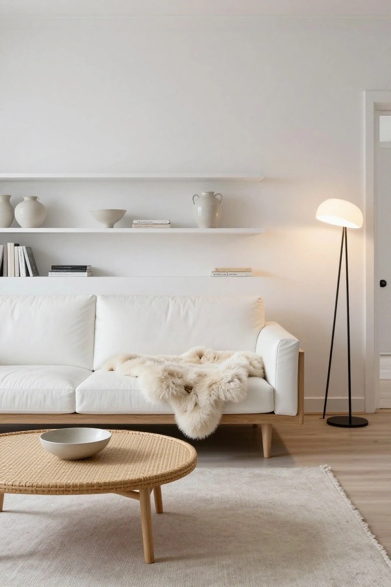A minimalist living room featuring a white three-seater sofa with a light-colored fur throw draped over it, a round rattan coffee table holding a white bowl, white floating shelves displaying ceramics and books, a black floor lamp, light wood flooring, and white walls.