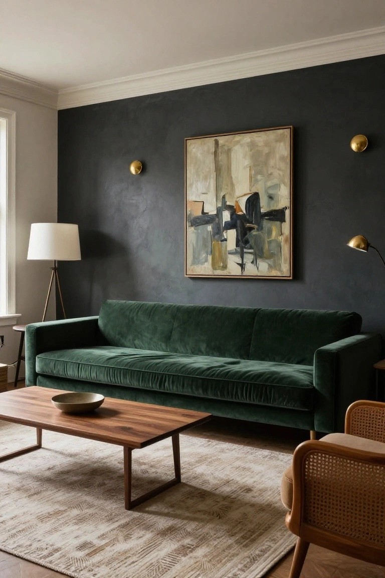 Living room with a green velvet sofa, wooden coffee table holding a ceramic bowl, abstract painting on dark textured wall, tripod floor lamp, rattan armchair, and beige rug on hardwood floor.