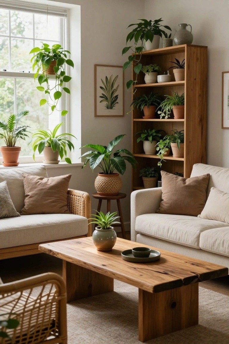 A sunlit living room corner with a cream sofa, wooden coffee table, rattan chairs, and numerous potted houseplants arranged on wooden bookshelves, windowsills, and side tables.