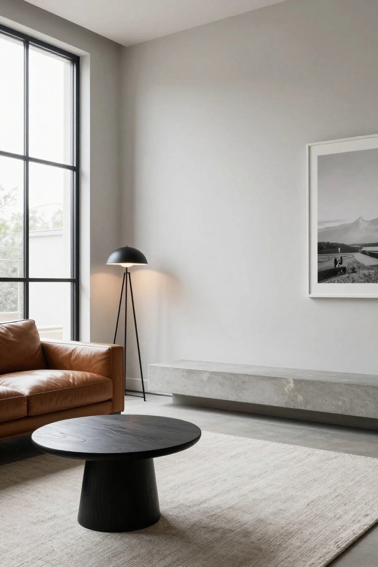 Corner of a neutral living room with tan leather L-shaped sofa, single armchair, square gray concrete coffee table on light rug, black metal tripod floor lamp, large black-and-white framed photo on wall, and black-framed windows.