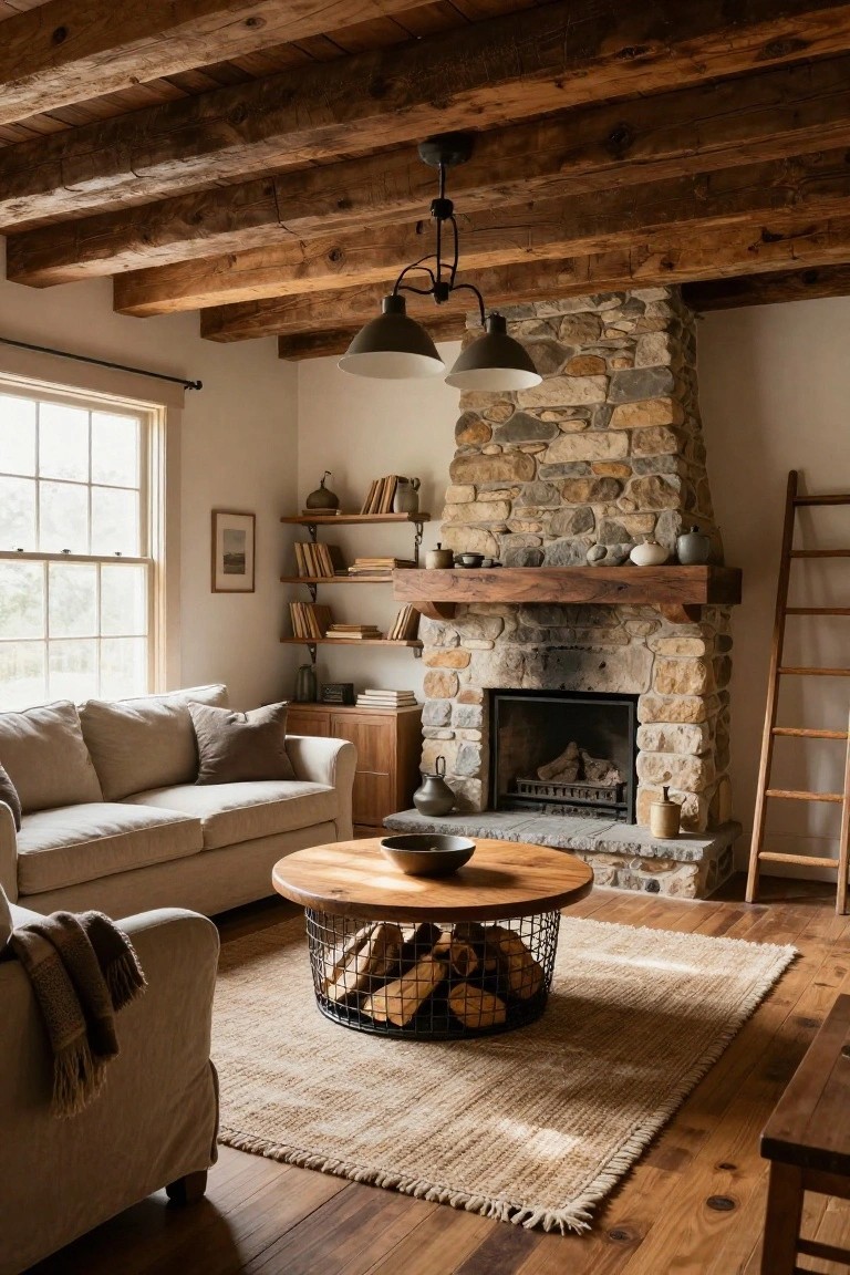 Living room interior with exposed wooden beam ceiling, tall stone fireplace with wooden mantel, cream sofa, round wooden coffee table holding wire basket of firewood, seagrass rug, wooden ladder shelf, and bookshelves.