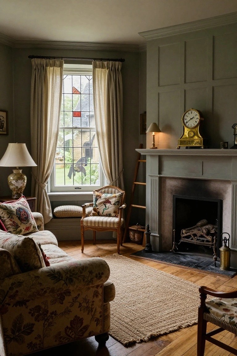 A cozy living room corner with sage green paneled walls, a fireplace with burning logs, floral-upholstered sofa and chairs, window seat with sheer curtains, wooden floors, and seagrass rug.