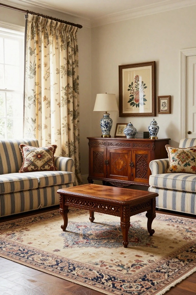 A cozy living room corner shows two beige striped upholstered chairs facing across a low carved wooden coffee table on a large cream Oriental rug, beside a carved wooden credenza topped with blue-and-white porcelain vases, a lamp, and framed botanical prints, with sheer floral curtains on a window.