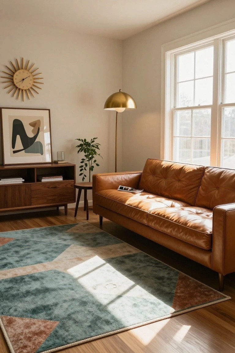 A living room with a tan tufted leather sofa, wooden credenza with books, small round table, brass arched floor lamp, potted plant, abstract wall art, sunburst clock, and teal geometric rug on hardwood floors.