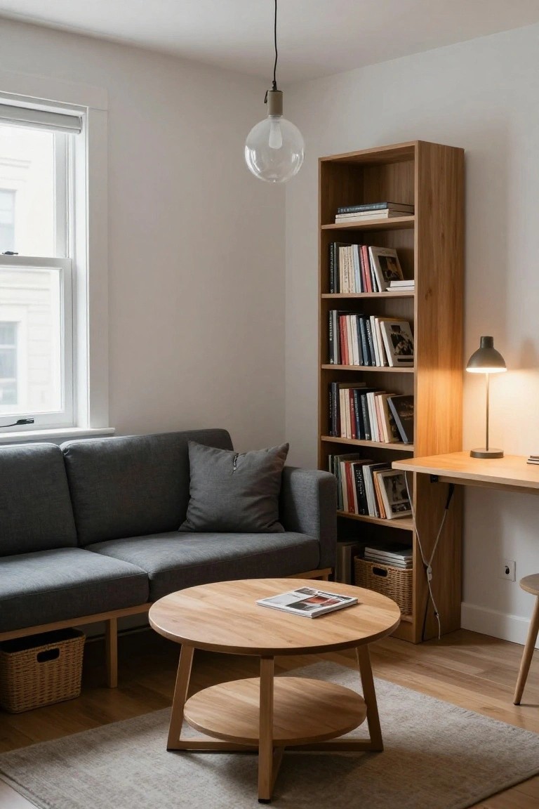 A minimalist living room with a gray sofa, round wooden coffee table, tall wooden bookshelf filled with books, wall-mounted wooden desk, and a desk lamp.
