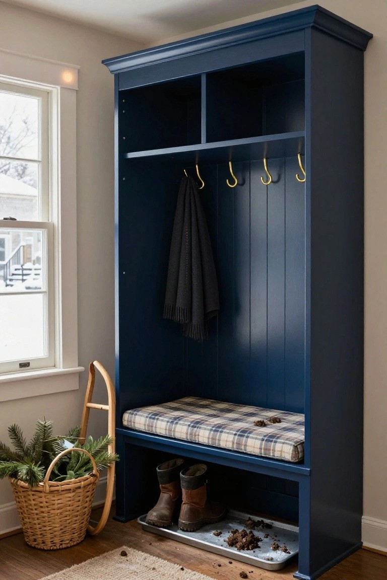 Navy blue wooden cabinet with open shelves, coat hooks holding a scarf, cushioned plaid bench, boots stored below, dirt-catching tray, evergreen branches in a basket nearby, and snowy view through window.