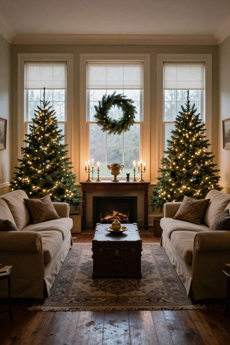 A cozy living room with two lit Christmas trees flanking a fireplace mantel holding candelabras and a bowl, beige slipcovered sofas facing each other across a trunk coffee table, and large windows with sheer shades and wreaths.