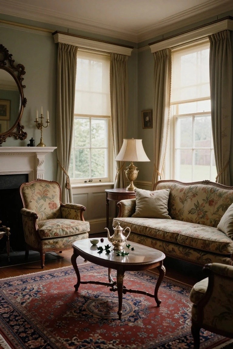 Colonial-style living room interior featuring a floral-upholstered sofa and two armchairs arranged around a wooden oval coffee table with a teapot, positioned on a red Persian rug in front of a fireplace, with draped windows and antique decor.
