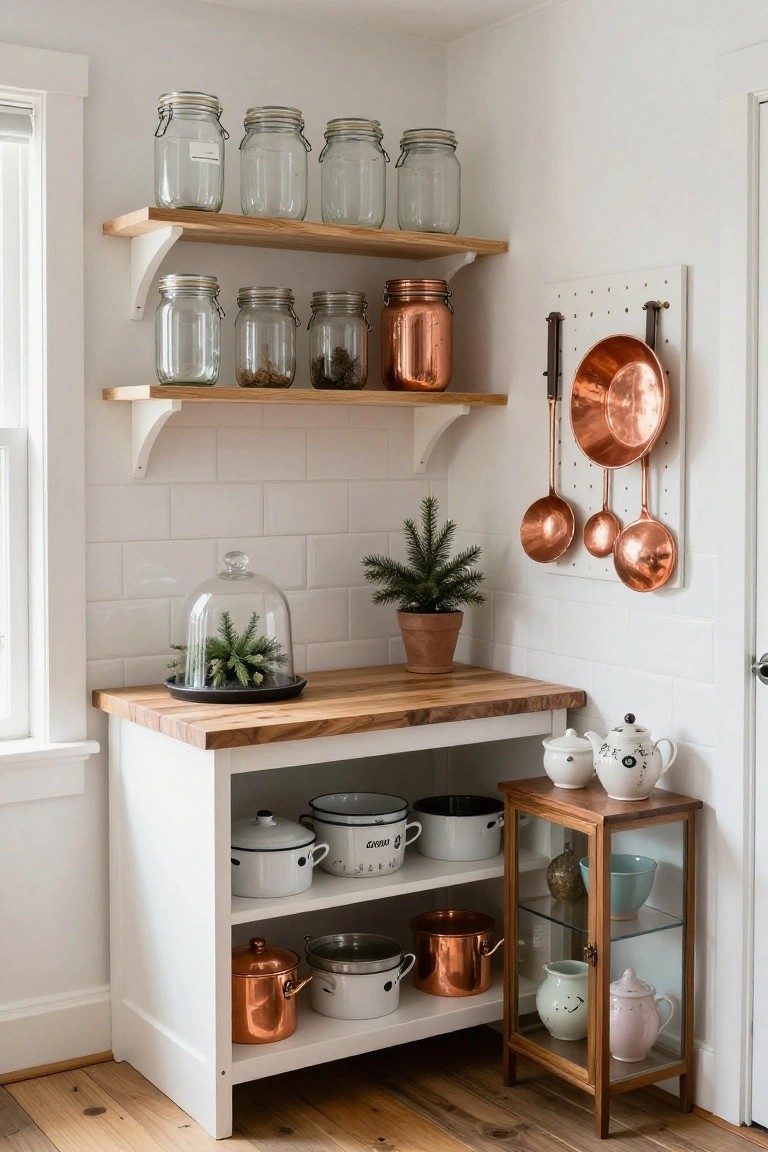 Corner kitchen view showing white lower cabinets with enamelware and copper pots on open shelves, butcher block countertop with glass dome over small evergreen plant, wood upper shelves with glass jars, and copper cookware hanging from hooks on white pegboard against white subway tile wall.