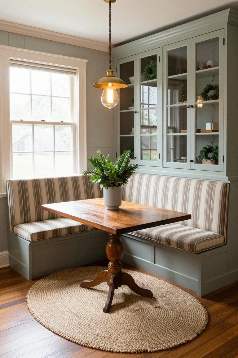 L-shaped banquette with beige and brown striped upholstery around a wooden pedestal table in a corner kitchen nook, with a large potted fern centerpiece, glass-front green cabinets displaying holiday wreaths and plants, and a brass pendant light overhead.