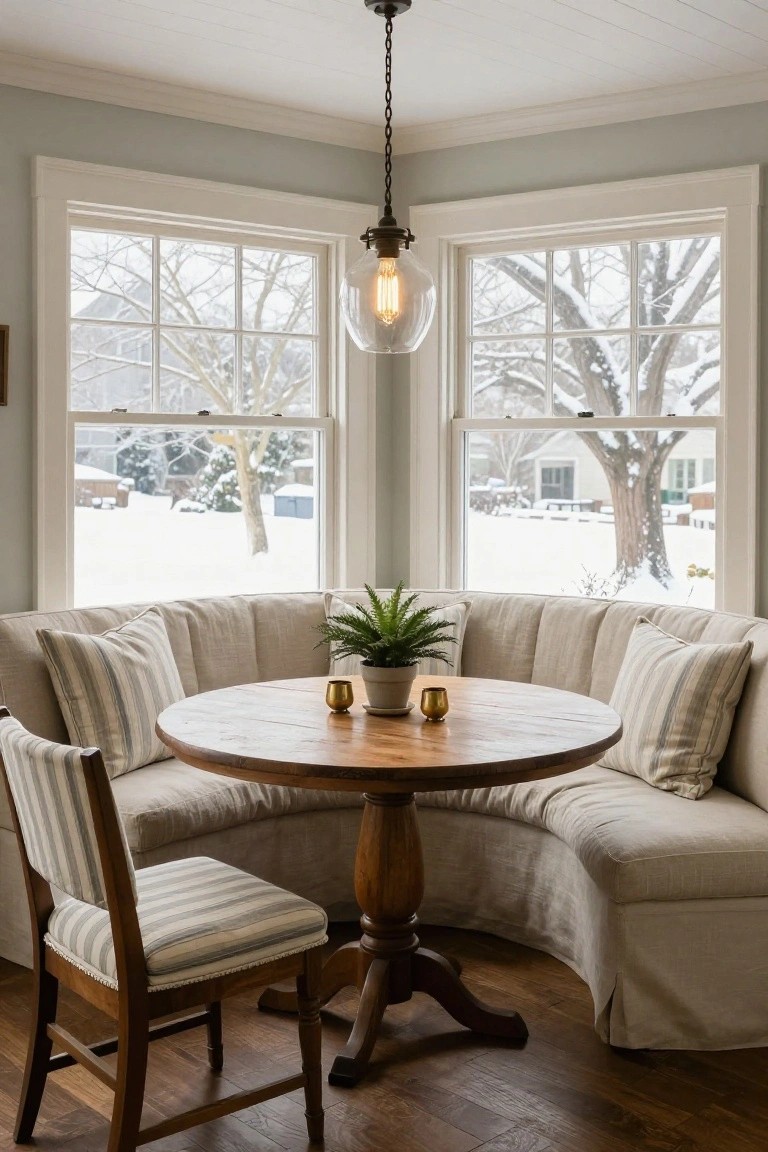 Beige curved banquette with striped pillows around a round wooden pedestal table in a bay window, featuring potted plants, brass cup and lemon, pendant light overhead, white trim, beadboard ceiling, and snowy winter view outside large multipane windows.
