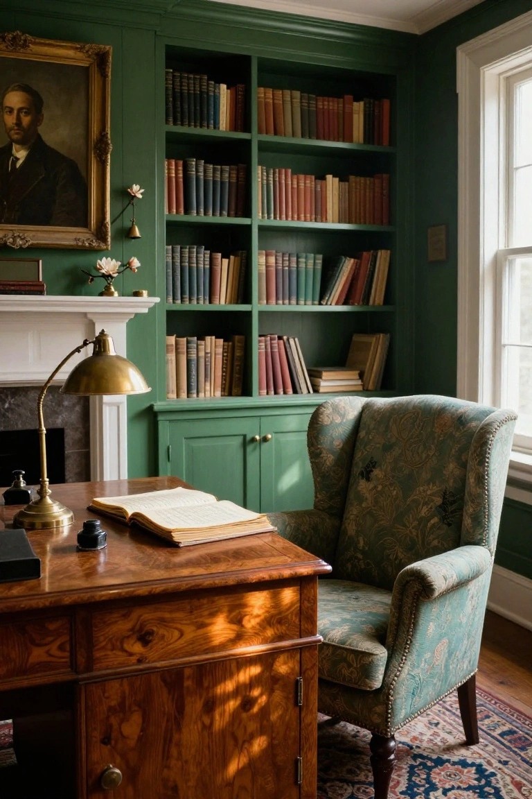 Emerald green paneled walls with built-in bookcases filled with books, a wooden desk with an open book and brass lamp, a green wingback chair, and a fireplace in a cozy library room.