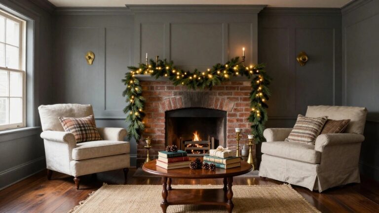 Colonial-style living room with dark gray paneled walls, brick fireplace topped by evergreen garland with candles and lights, lighted wreath above mantel, beige slipcovered sofa, wooden coffee table with books, ladder, and seagrass rug.