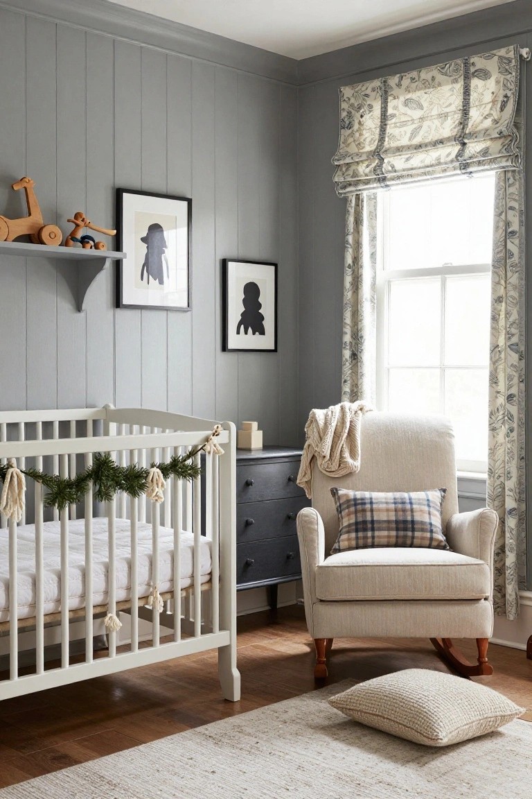 Gray shiplap-paneled nursery with white crib strung with green pine garland and tassels, navy dresser, cream rocking chair with plaid pillow, and floral Roman shades at window.