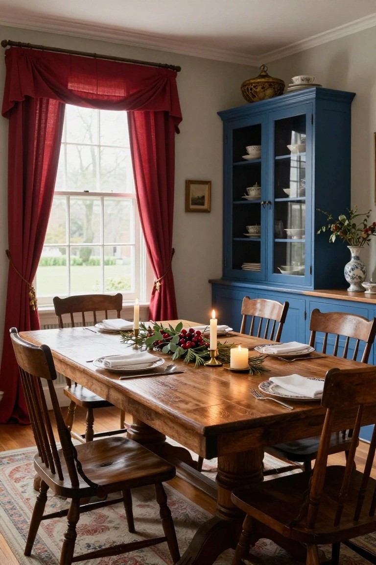 Dining room with wooden table set for Christmas, featuring centerpiece of evergreen branches, red berries, eucalyptus, and candles, wooden chairs, red curtains at window, blue china cabinet, and oriental rug on floor.