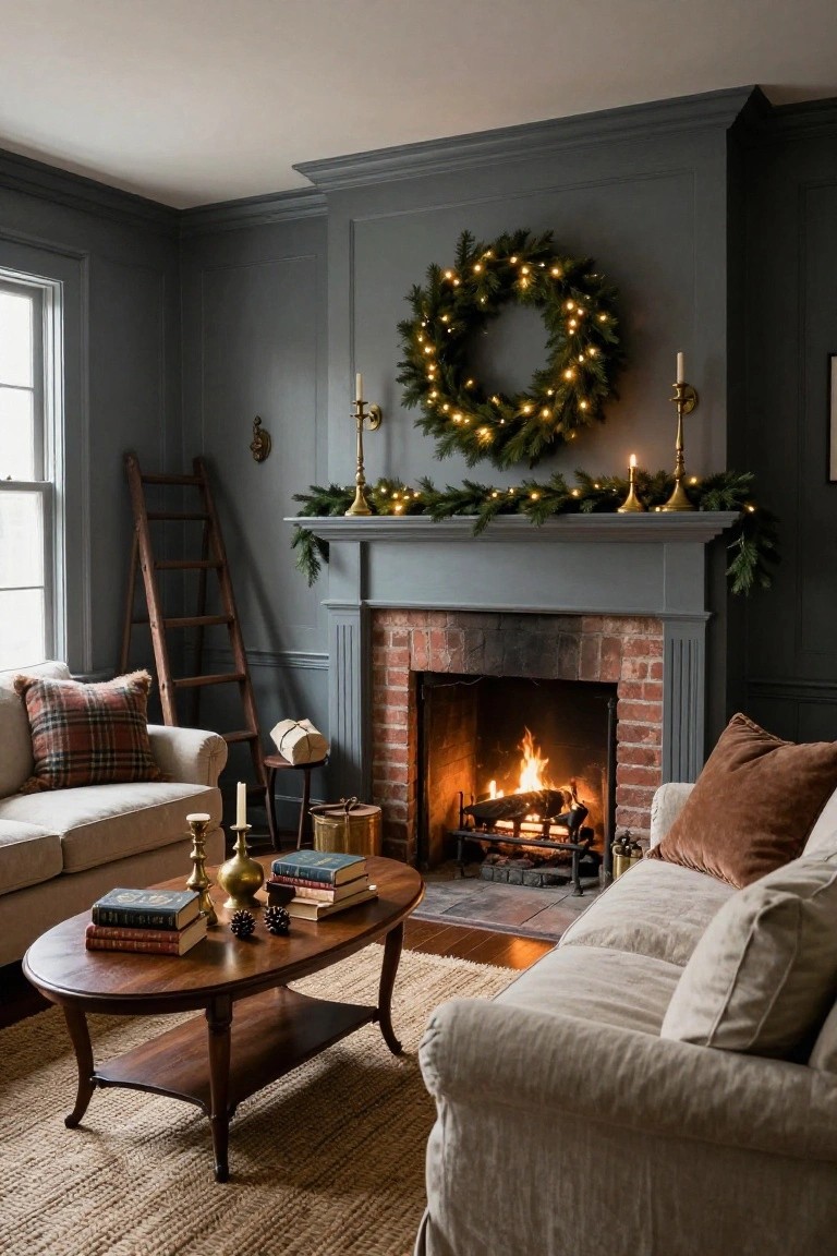 Colonial-style living room with dark gray paneled walls, brick fireplace topped by evergreen garland with candles and lights, lighted wreath above mantel, beige slipcovered sofa, wooden coffee table with books, ladder, and seagrass rug.