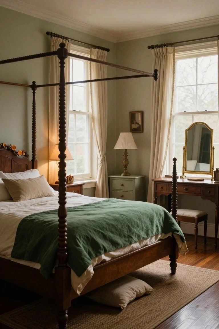 Sage green colonial bedroom with wooden four-poster bed draped in garland and dried oranges, white bedding with green throw, wooden dresser and vanity, white curtains on tall windows, and lamps on nightstands.