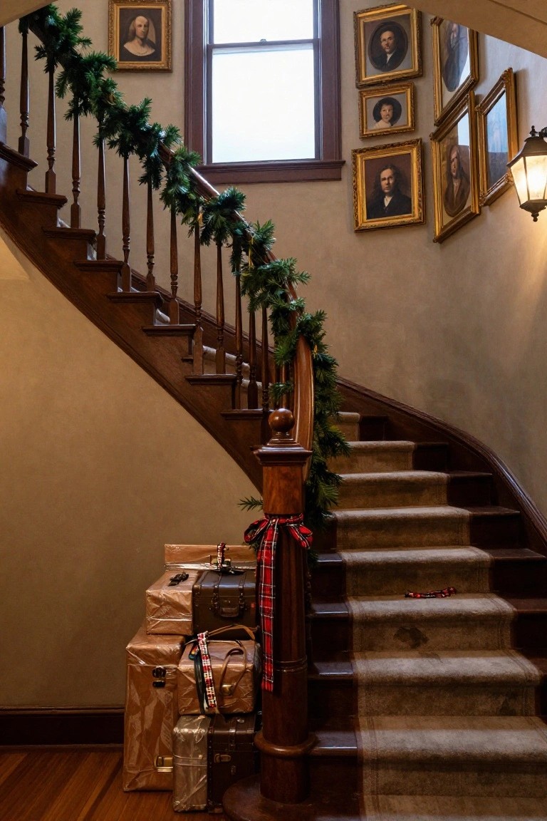 Grand wooden spiral staircase in a beige-walled interior decorated with evergreen garland on the banister, framed portraits on the walls, a window, and stacked wrapped presents and suitcases at the base.