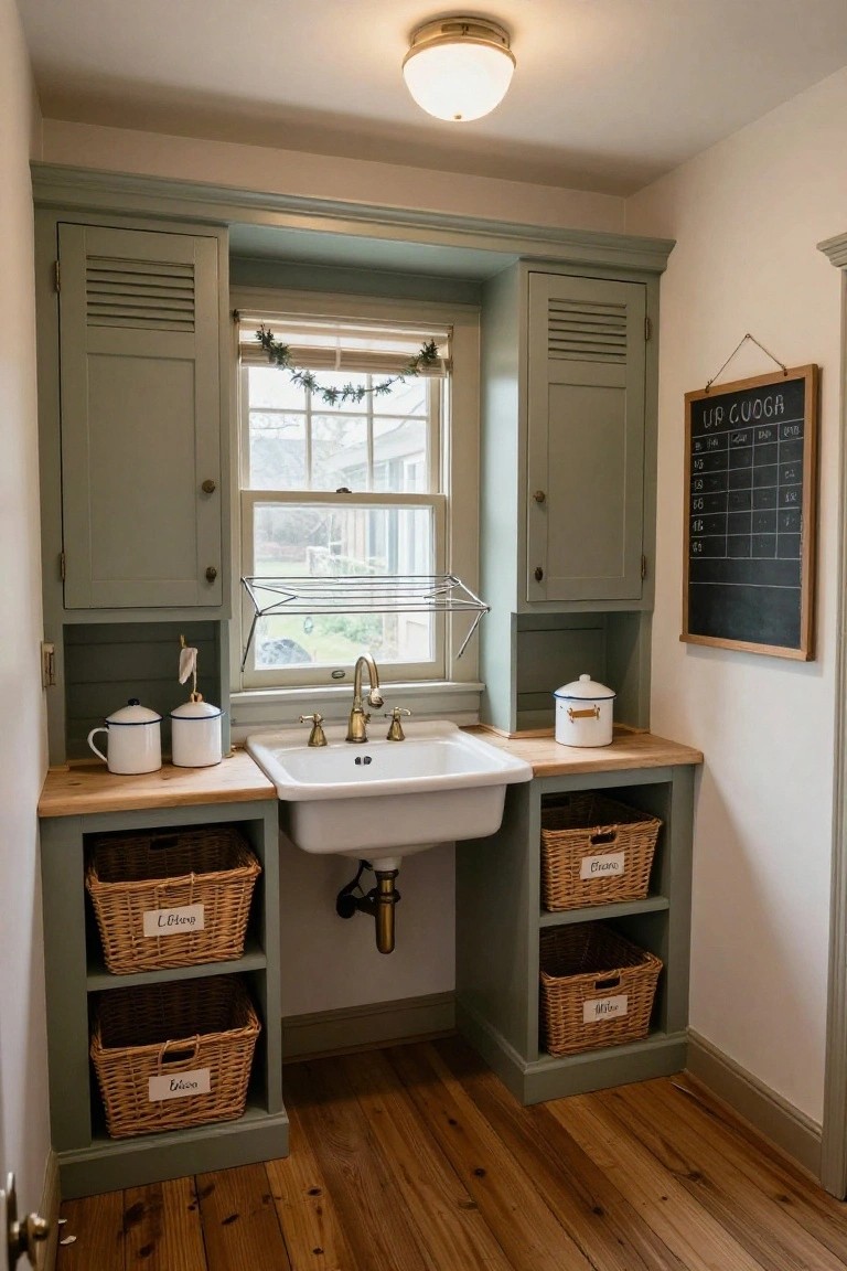 Sage green louvered upper cabinets and open shelving with labeled wicker baskets flanking a white farmhouse sink on wooden countertops, brass faucet, enamelware containers, chalkboard on wall, evergreen garland on window, and hardwood floors in an interior utility space.