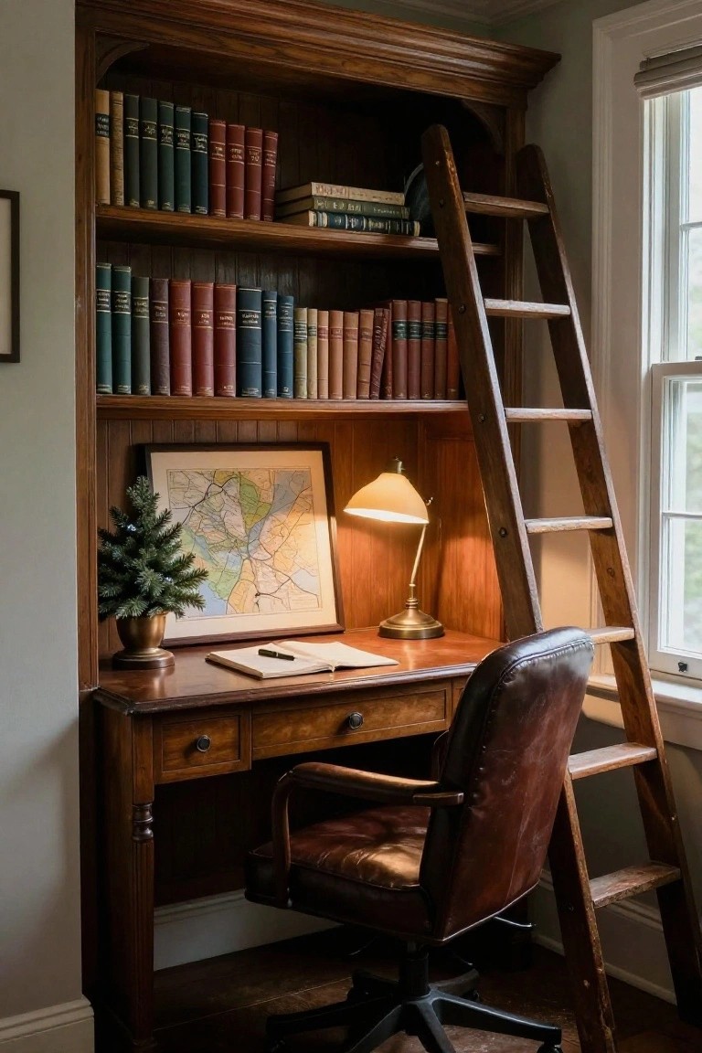 Tall wooden built-in bookshelves with rolling wooden ladder in a study nook, wooden desk with leather chair and open notebook, small potted Christmas tree, vintage lamp, and framed map on paneled wall beside window.