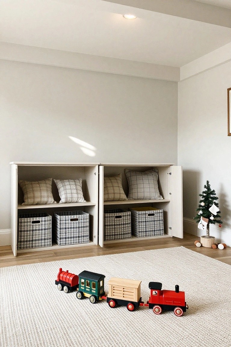 Two open white wooden cabinets with checkered fabric baskets and pillows stand against a light gray wall in a room with a beige rug, wooden toy train set, small artificial Christmas tree, and elf figure on the floor.