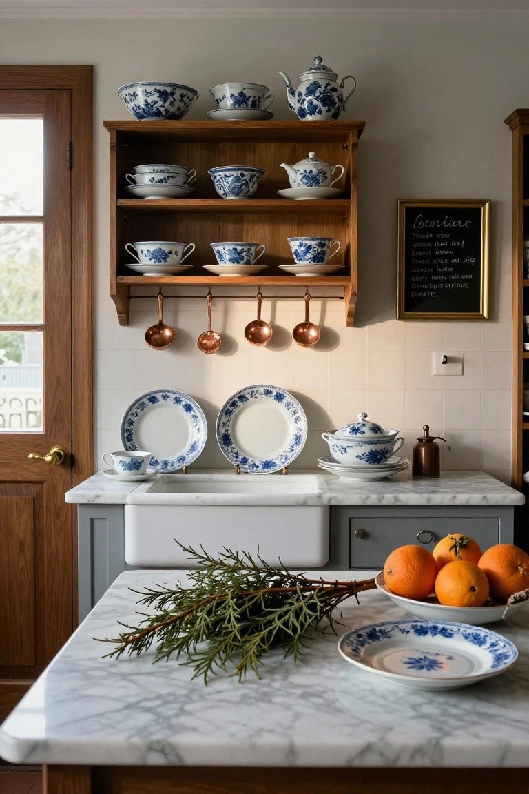 Kitchen interior with open wooden shelves displaying assorted blue and white china bowls, plates, cups, and teapots, copper pots hanging above a white farmhouse sink, marble countertops holding oranges, fir branches, and a blue and white plate.