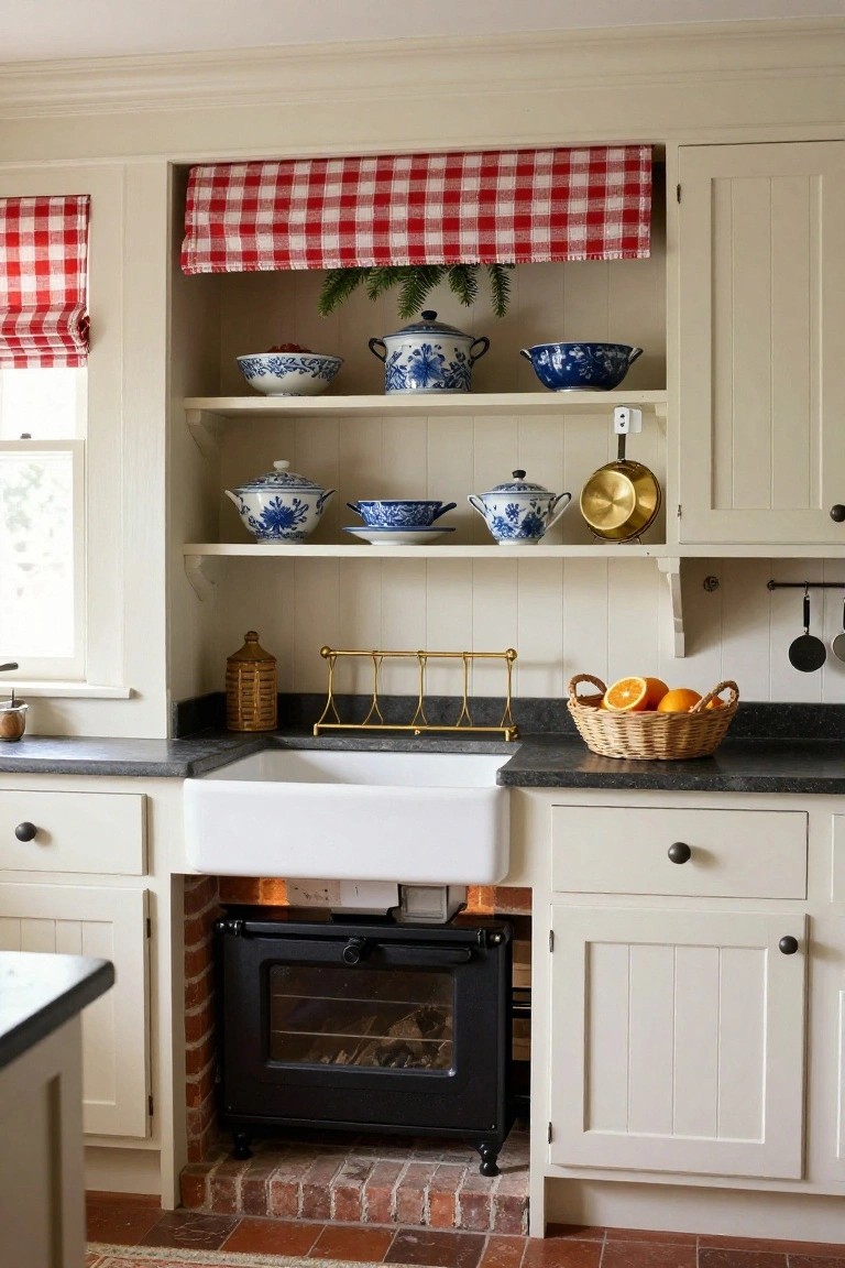 Cream Shaker-style kitchen cabinets with open shelves displaying blue and white china bowls and pitchers, red gingham valance and curtains, evergreen garland, white farmhouse sink, black wood stove in brick hearth, and basket of oranges on black countertop.