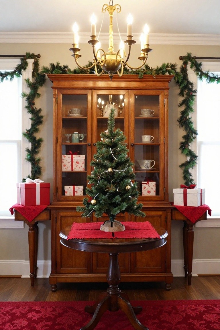 Festive Christmas tree with wrapped gifts before wooden hutch and chandelier.