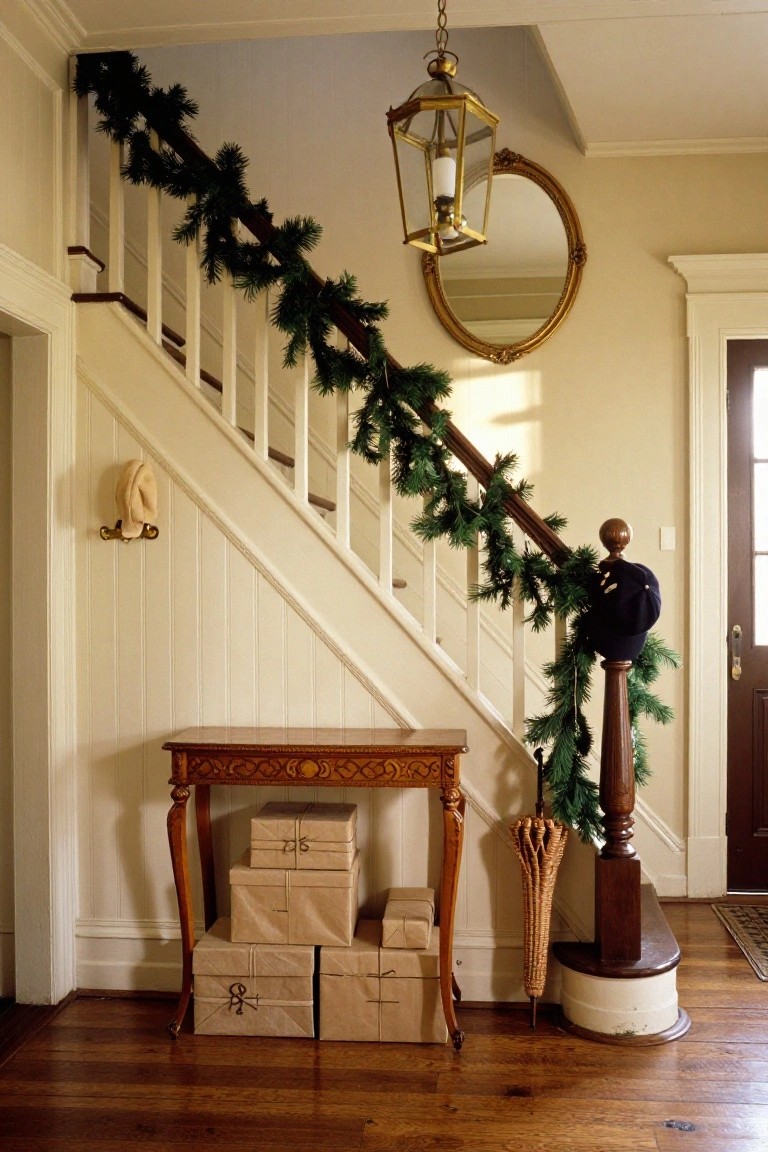 Beige entry hall with white wooden staircase wrapped in green evergreen garland, antique console table holding stacked wrapped boxes, wicker umbrella stand by the newel post, gold mirror and lantern overhead, and dark front door.