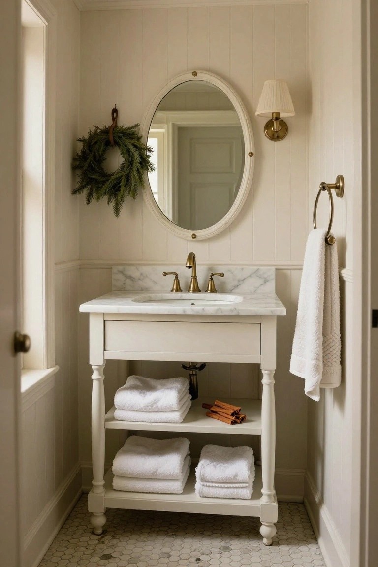 Small powder room with white shiplap walls, marble-top white vanity on open shelves holding white towels and cinnamon sticks, brass sink and fixtures, oval mirror, wall sconce, evergreen wreath near window, and hexagonal white floor tiles.