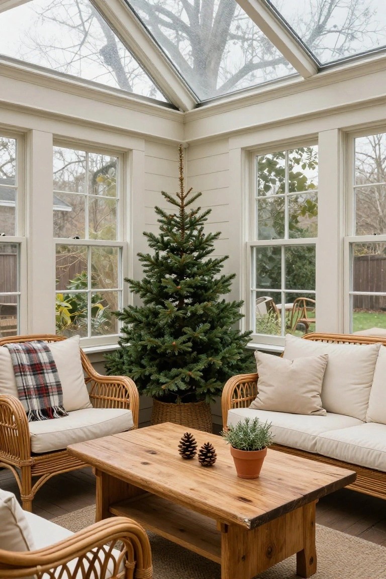 Cozy sunroom with Christmas tree, wicker furniture, and wooden coffee table.