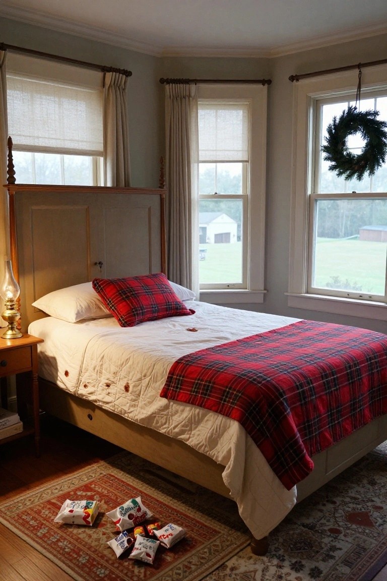 Colonial bedroom with wooden four-poster bed topped by white quilt and red-black plaid tartan blanket, plaid pillows, brass oil lamp on nightstand, windows with sheer shades and evergreen wreath, and wrapped gifts scattered on patterned rug.