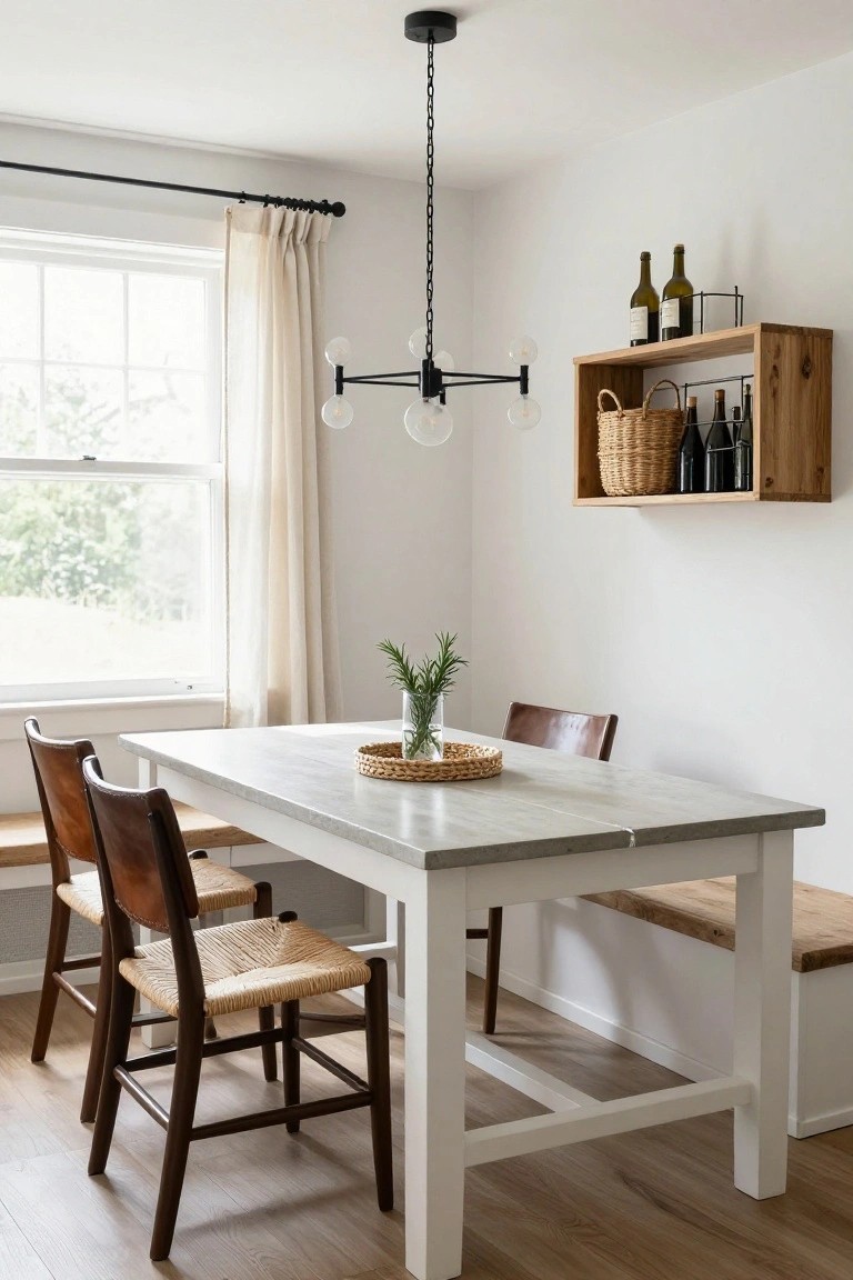 Dining room with white table having gray concrete top, wood bench along one side, brown leather and cane chairs on other sides, wall-mounted wood shelf holding wine bottles and wicker basket, black multi-globe pendant light, and sheer curtains on window.