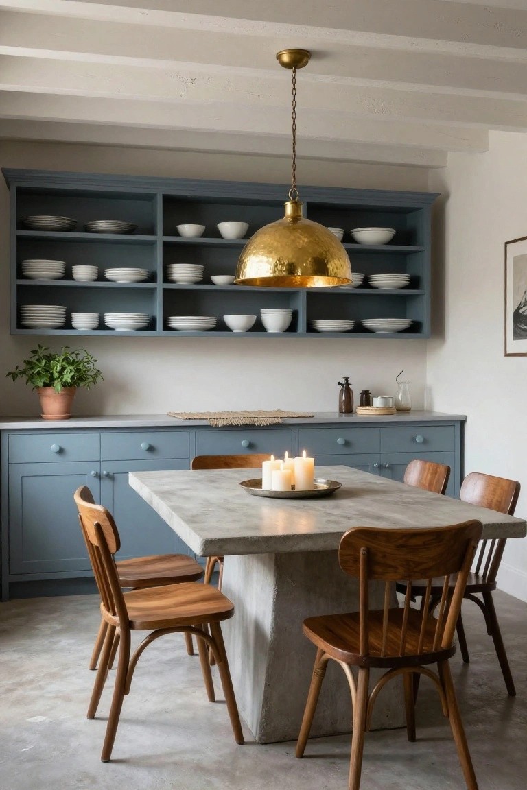 Blue dining room with concrete table, brass pendant light, and open shelving.