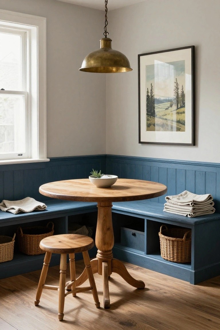 Corner dining nook with navy blue built-in bench seating around a round wooden pedestal table, a small wooden stool, white bowl with plant on the table, brass pendant light overhead, landscape painting on wall, and window nearby.