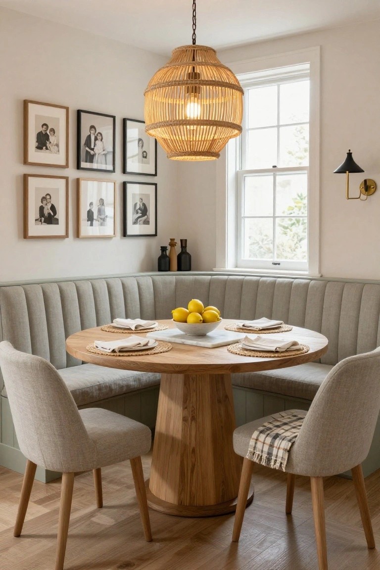 Dining nook with tufted gray booth seating wrapping around a round wooden table, two upholstered chairs, rattan pendant light, framed black-and-white photos on walls, and a window nearby.