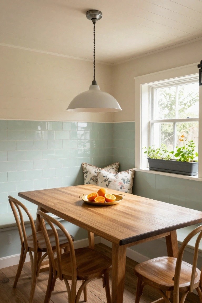 Dining nook with oak wood table, four matching wood chairs, built-in bench with floral pillows against mint green subway tile wall, white pendant light overhead, and window sill with potted herbs and flowers.