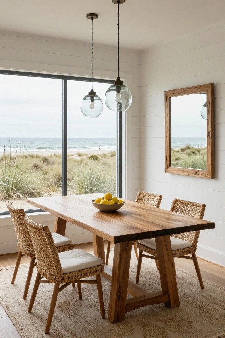 White shiplap-walled dining room with live-edge wood table, four rattan chairs with white cushions, bowl of lemons on table, two glass pendant lights hanging above, large corner floor-to-ceiling windows overlooking beach dunes and ocean, wooden mirror on wall.