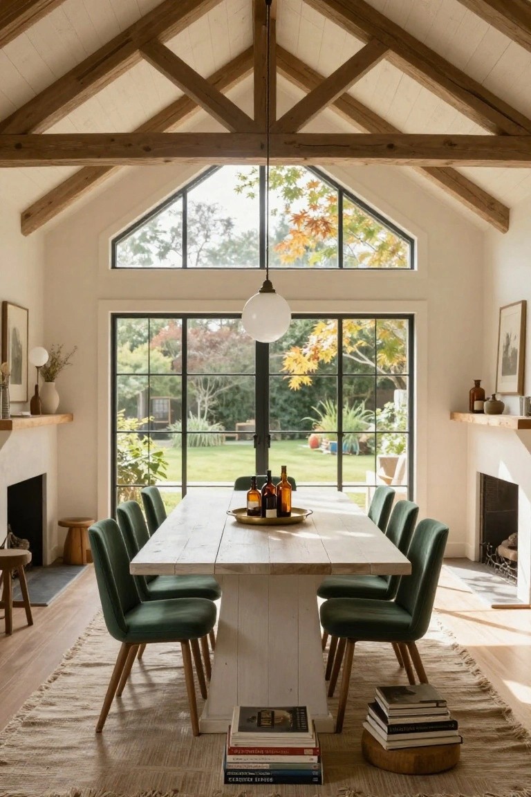 Dining room with exposed dark wooden beam ceiling, long white rectangular table and eight green upholstered chairs, large black-framed windows to garden, fireplace, and floating shelves.